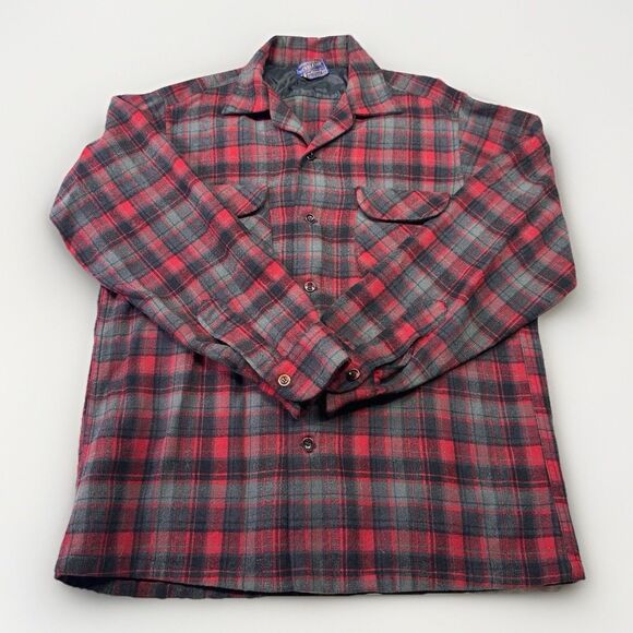 Vintage Pendleton Shirt Mens Large Red Black Wool Plaid Flannel Made USA 70s 80s - Picture 1 of 6